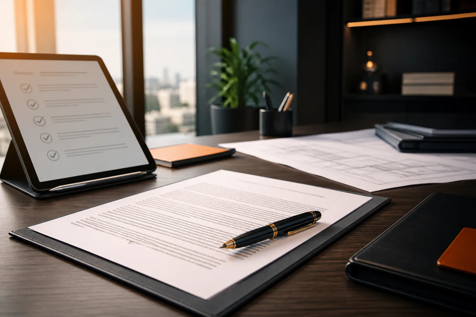 Contrato empresarial aberto em mesa de escritório para revisão antes da assinatura