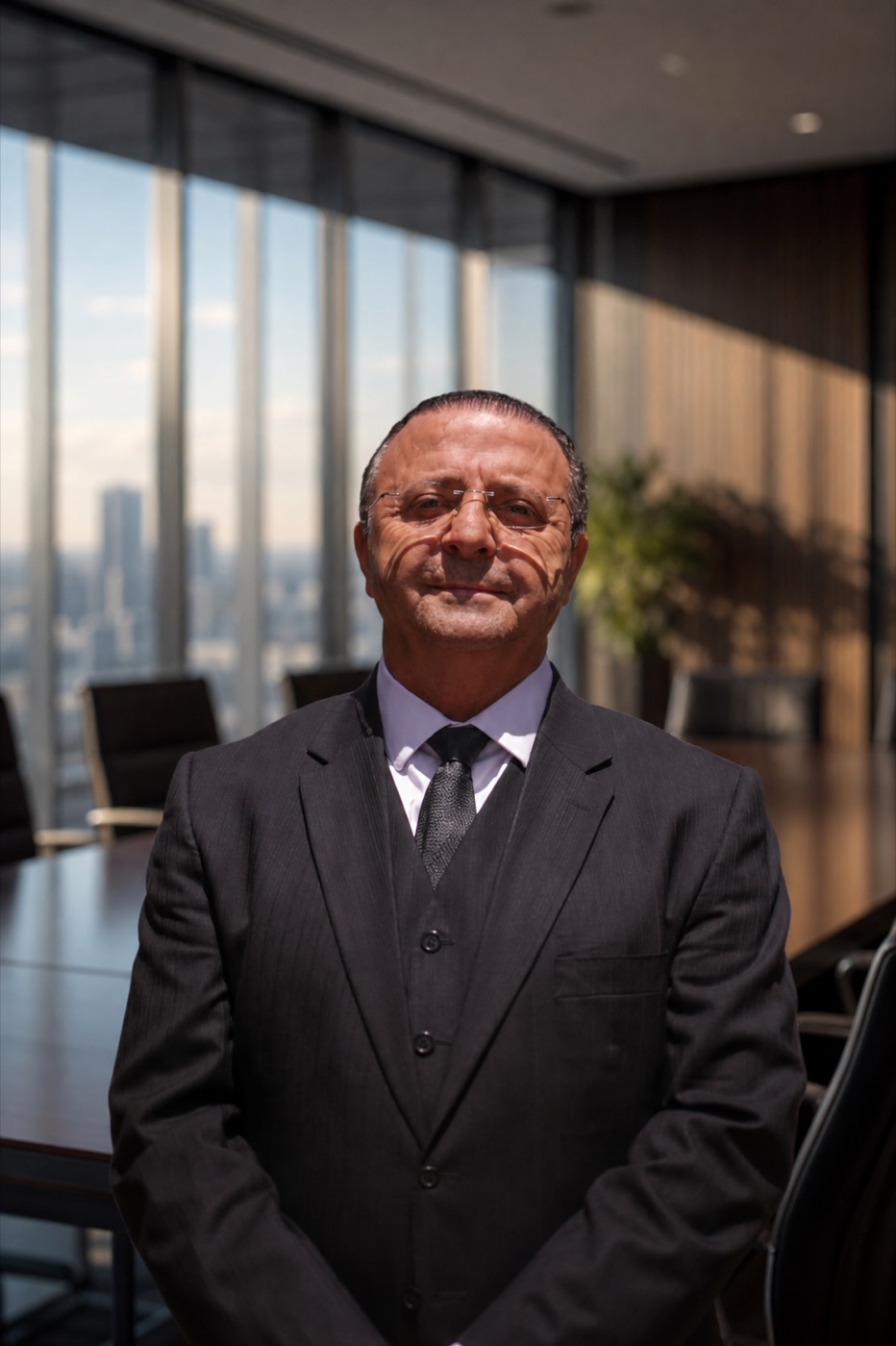 Dr. Urubatan em sala de reunião, usando gravata cinza