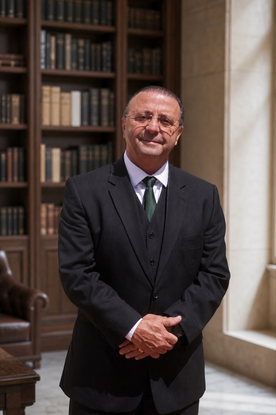 Dr. Urubatan em biblioteca, usando gravata verde