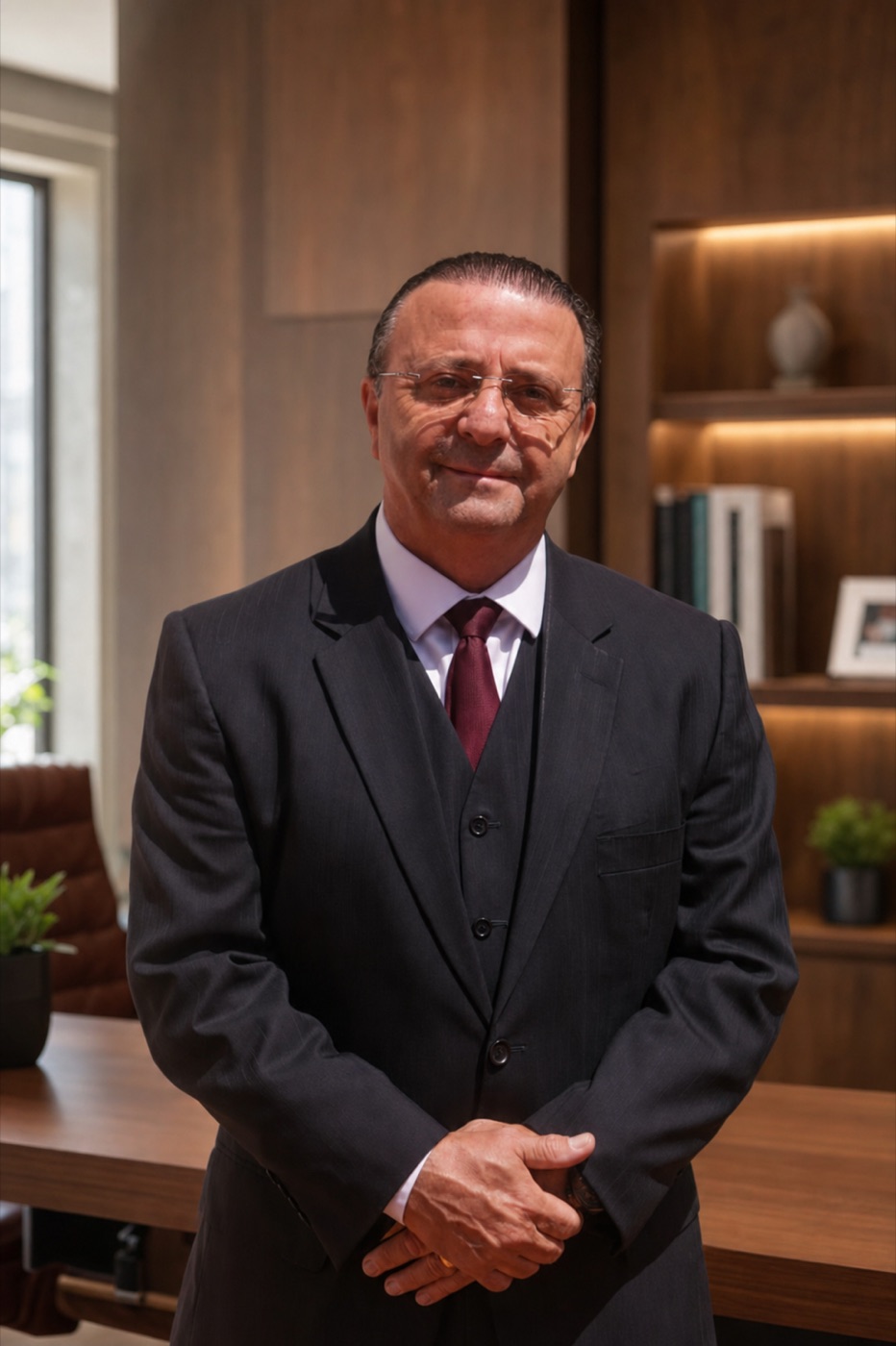Dr. Urubatan em escritório executivo, usando gravata vinho