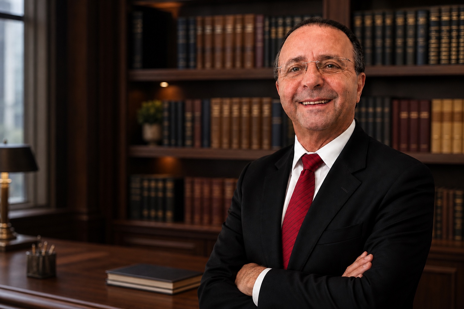 Dr. Urubatan Almeida Ramos em escritório com biblioteca